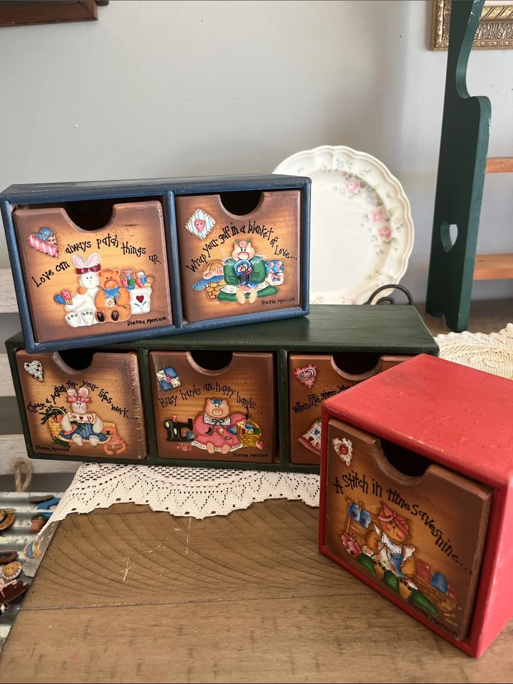 VINTAGE DIANNA MARCUM WOOD SEWING Craft 3 stacking cubby DRAWERS hand painted